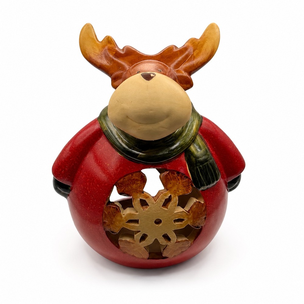 Christmas Reindeer Ceramic Tealight Candle Holder Snowflake Rustic Holiday Decor